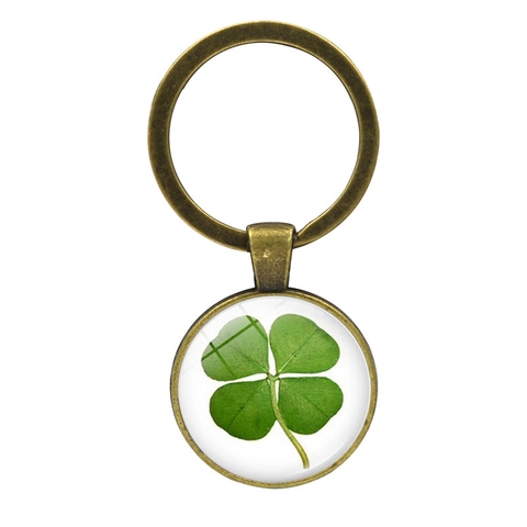 Glücksbringer Vierblättriges Kleeblatt Zeit-Edelstein Schlüsselanhänger Zinklegierung Glas Anhänger Für Damen Herren Schmuck