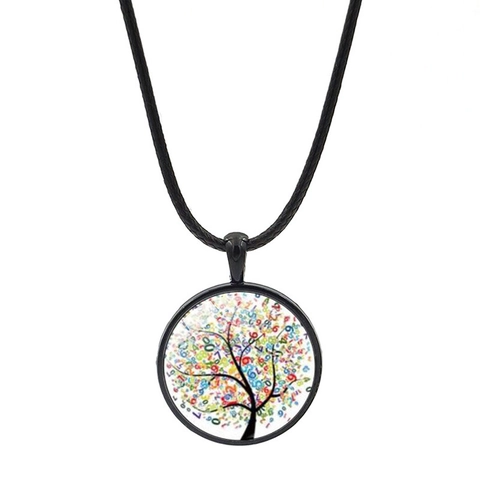 Collana Con Ciondolo Cabochon In Vetro Albero Della Vita Lega Di Zinco Cordino In Pelle Nera Gioielli