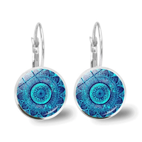 Boucles D'oreilles Pendantes Rondes Mandala Pour Femmes Style Bohème Vintage Ethnique Alliage Verre Cabochon Bijoux Dormeuses