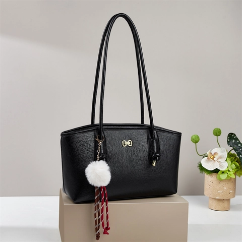 Women Tote Handbag Large Capacity Vintage PU Leather Litchi Texture Golden Bow Decor Fur Ball Tassel Daily Commute