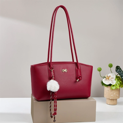 Women Tote Handbag Large Capacity Vintage PU Leather Litchi Texture Golden Bow Decor Fur Ball Tassel Daily Commute