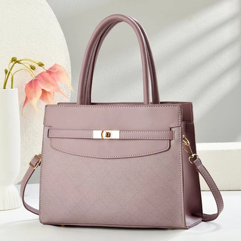 Elegant Women PU Leather Handbag Woven Texture Gold Lock Large Capacity Top Grip Shoulder Crossbody Bag Commuting Simple