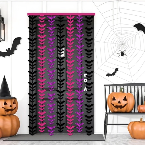 Tenda a Frange in Lamina di Pipistrello di Halloween Arancione Viola Nero Motivo a Pipistrello Sfondo per Feste