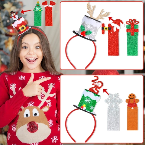 Set Cerchietti Mini Cilindro per Festa di Natale Glitter Fiocco di Neve Renna Fai da Te Accessori Capelli per Adulti Bambini Capodanno