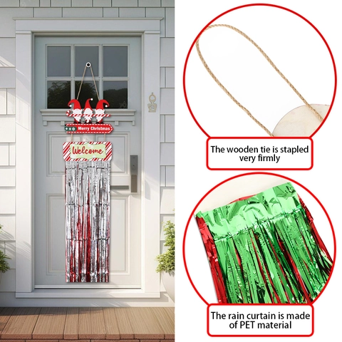Christmas Door Hanging Decor Wood Merry Christmas Welcome Sign With PET Tinsel Fringe Reindeer Santa Snowman Holiday Party Decor