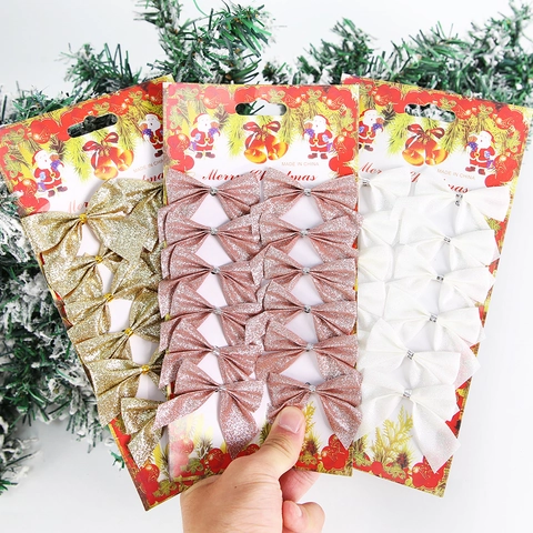 Festive Polyester Glitter Bowknots Set For Christmas Tree Decorations Wreath Accessories Hanging Ornaments Home Decor