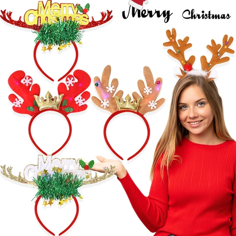 Luce LED Cerchietto con Corna di Renna di Natale Merry Christmas Corona Glitter Fiocco di Neve Cerchietto per Capelli Festa Festival Donna Bambini