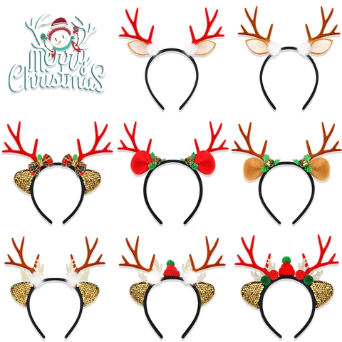 Christmas Reindeer Antler Headband With Sequin Ears Fur Balls Bells Bows Festive Hair Accessory For Party Kids Adults Decor