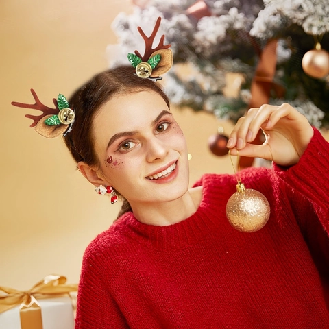 Christmas Reindeer Antler Hair Clips Flocked Fabric Bell Mushroom Decorations For Kids Women Holiday Party Hair Accessories