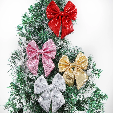 Sequin Christmas Tree Decoration Bow Sparkling Glitter Ribbon Bows For Xmas Gift Box Ornament Holiday Party Supplies