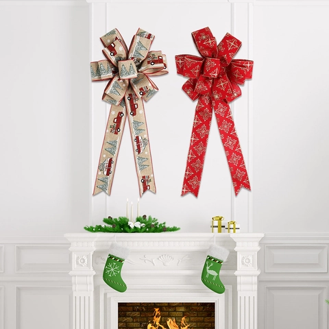 Large Christmas Ribbon Bow For Christmas Tree Decoration Burlap Printed Snowflake Red Truck Gnome Hanging Ornaments Holiday Party Home Decor