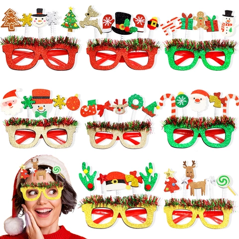 Christmas Decorative Glasses Frames For Kids Adults Reindeer Snowman Santa Claus Glitter Cartoon Party Eyewear Gift