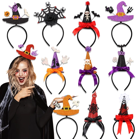 Halloween Witch Hat Headband Mini Pointed Cap With Skull Spider Pumpkin Decor For Kids Costume Party Plastic Glitter Hair Hoop
