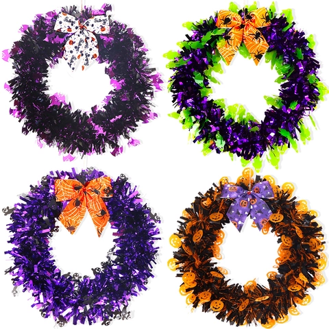 Halloween Tinsel Wreath Decoration With Bow Pumpkin Bat Ghost Pattern For Home Front Door Wall Party Hanging Garland Decor