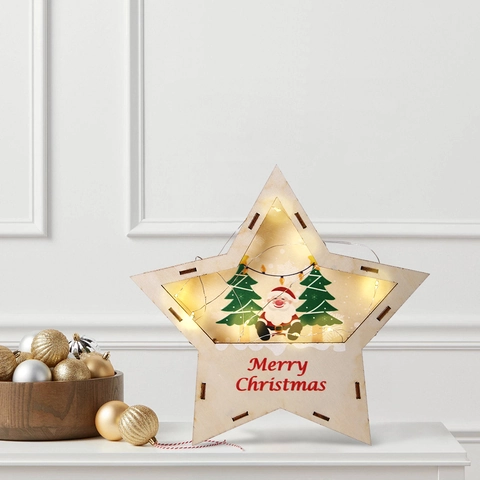 Hölzerner Weihnachtsstar LED Ornament Weihnachtsmann Rentier Schneemann Design Leuchtende Tischdekoration Xmas Home Deko