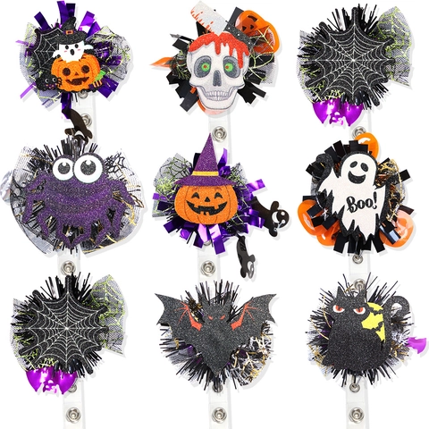 Porta Badge Retrattile Halloween Zucca Fantasma Glitter Rete Clip Metallo Rotante Accessorio Infermiera Ufficio