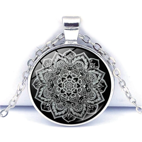 Mandala Anhänger Halskette Böhmisch Vintage Glas Cabochon Zinklegierung Schmuck Indisches Kunstmuster Geometrischer Stil