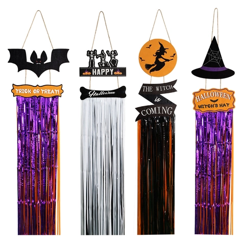 Halloween Decorazione per Feste Tenda di Glitter Insegna in Legno Pipistrello Strega Scheletro Ornamento da Appendere
