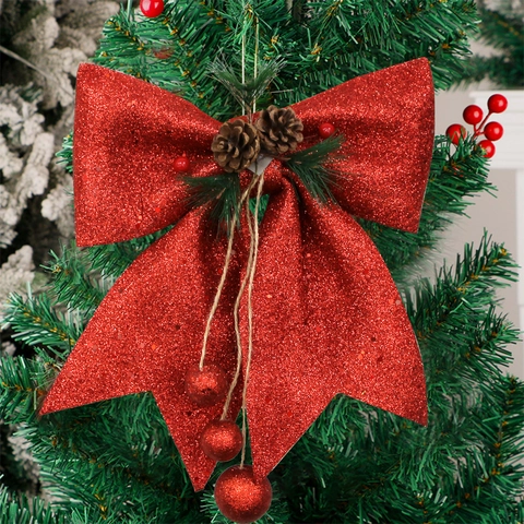 Christmas Bow Hanging Decoration Large Glitter Ribbon With Pine Cones And Berries For Xmas Tree Party Home Wall Decor