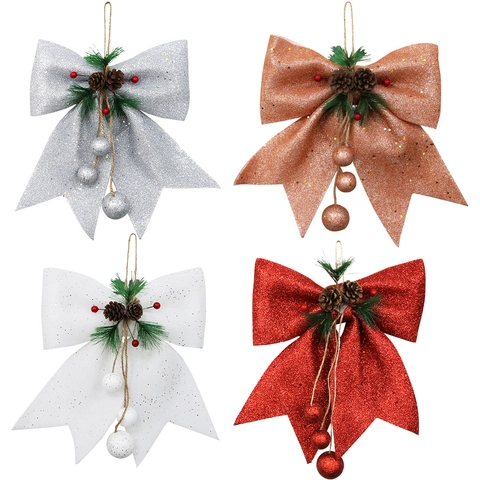 Christmas Bow Hanging Decoration Large Glitter Ribbon With Pine Cones And Berries For Xmas Tree Party Home Wall Decor