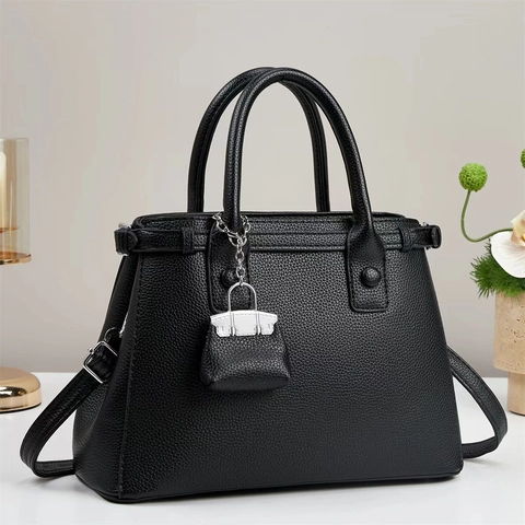 Litchi Pattern PU Leather Handbag Tote With Decorative Mini Pouch Elegant Business Commute Shoulder Bag For Women