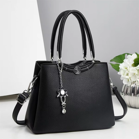 PU Leather Handbag Women Litchi Pattern Detachable Strap Metal Flower Pendant Versatile Urban Style Shoulder Crossbody Bag