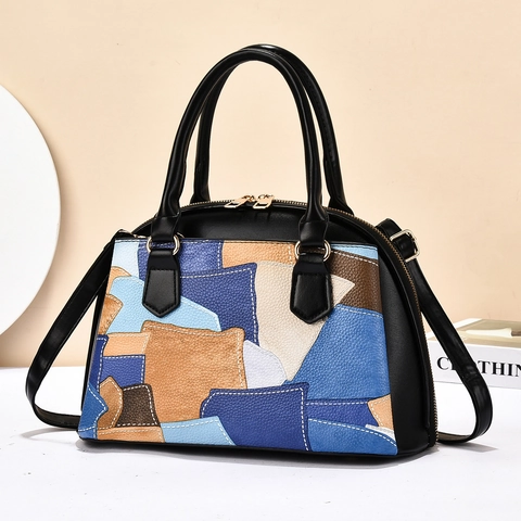Dames Patchwork PU Leren Handtas Geometrische Color Block Crossbody Tas Lychee Textuur Gouden Hardware Dubbele Rits Elegant