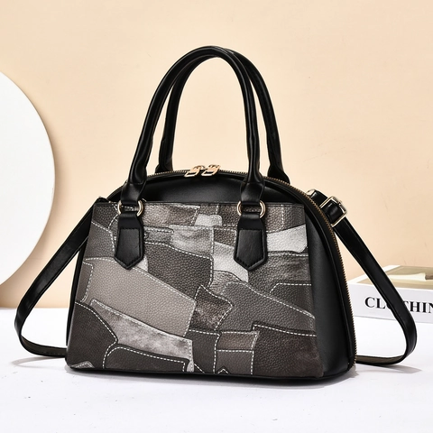 Dames Patchwork PU Leren Handtas Geometrische Color Block Crossbody Tas Lychee Textuur Gouden Hardware Dubbele Rits Elegant