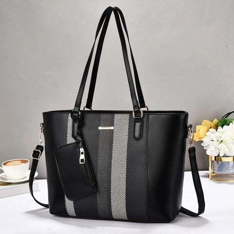 Large Capacity Tote Bag PU Leather Canvas Contrast Stripes Handbag With Detachable Pouch For Women Daily Commute Travel