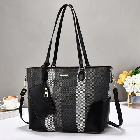 Large Capacity Women Tote Bag Patchwork Striped Canvas And PU Leather Handbag With Small Pouch For Daily Work Commute Chic