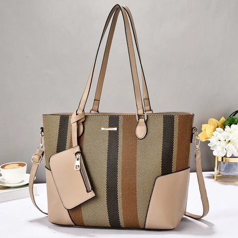 Grande Borsa Tote A Righe E Piccola Pochette Per Donna Pelle PU Tessuto Borsa A Tracolla Stile Retrò