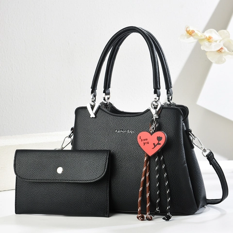 Juego de Bolso de Mano Y Cartera de Cuero PU Elegante para Mujer Grano Lichi Bolso con Colgante de Corazón para Uso Diario