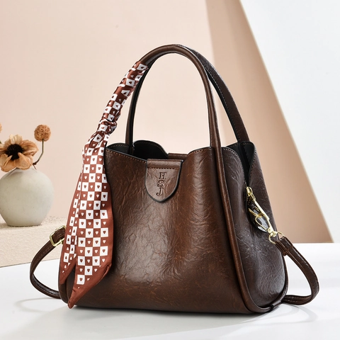 Fashion Women PU Leather Bucket Handbag With Decorative Satin Scarf Vintage Shoulder Crossbody Bag Elegant Commuter Tote