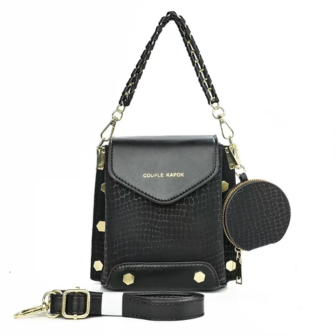 Crocodile Pattern PU Leather Small Square Bag With Braided Handle Gold Rivets Round Coin Purse For Women