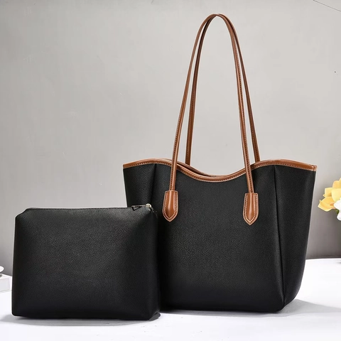 Grand Sac Cabas Femme En Cuir PU Et Pochette Motif Lychee Sac À Main Épaule Pour Trajet Quotidien Style Simple Casual