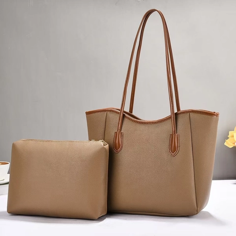 Damen Tote Bag Und Clutch Handtasche Große Kapazität PU Leder Litchi Muster Pendler Vintage Schultertasche