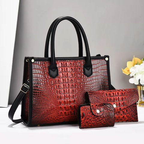 Women Crocodile Pattern Bag Set PU Leather Tote Handbag And Clutch Wallet And Card Holder Shoulder Bag Large Capacity