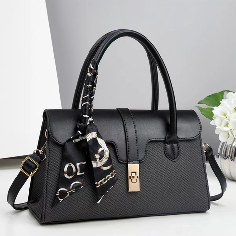 Women Spliced PU Leather Handbag With Silk Scarf Decor Elegant Shoulder Crossbody Bag Golden Metal Lock Fashion Pillow Bag Daily Purse