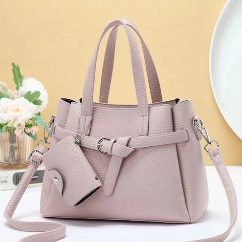 Women Large Capacity Litchi Texture PU Leather Handbag Tote And Mini Pouch Adjustable Strap Commuter Shoulder Bag