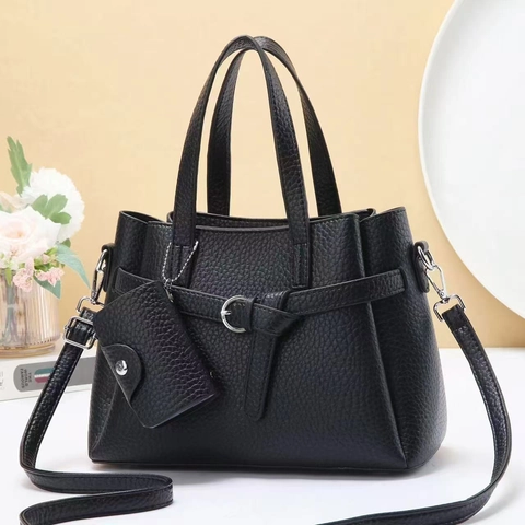 Women Large Capacity Litchi Texture PU Leather Handbag Tote And Mini Pouch Adjustable Strap Commuter Shoulder Bag