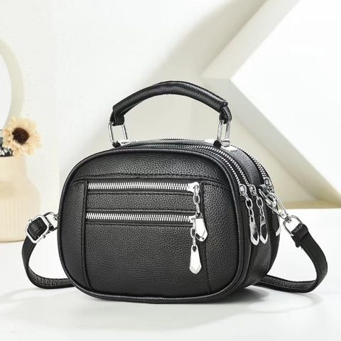 Women's Vintage Litchi Pattern Synthetic Leather Shoulder Bag Multi Zipper Crossbody Bag With Top Handle Handbag