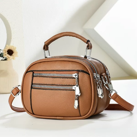 Women's Vintage Litchi Pattern Synthetic Leather Shoulder Bag Multi Zipper Crossbody Bag With Top Handle Handbag