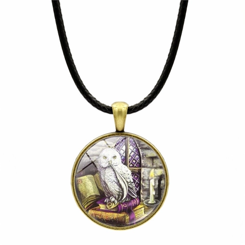Owl On Magic Books Round Pendant Necklace Glass Cabochon Zinc Alloy Wizardry Fantasy Style Black Leather Cord