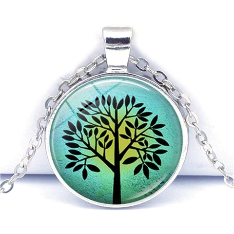 Tree Of Life Pendant Necklace Round Glass Cabochon Zinc Alloy Jewelry For Women Men Fashion Silver Tone