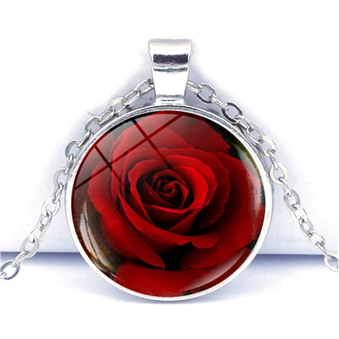Collana Con Pendente Rotondo Gemma Del Tempo Lega Di Zinco Vetro Motivo Floreale Rosa Gioielli Di Moda Per Donna