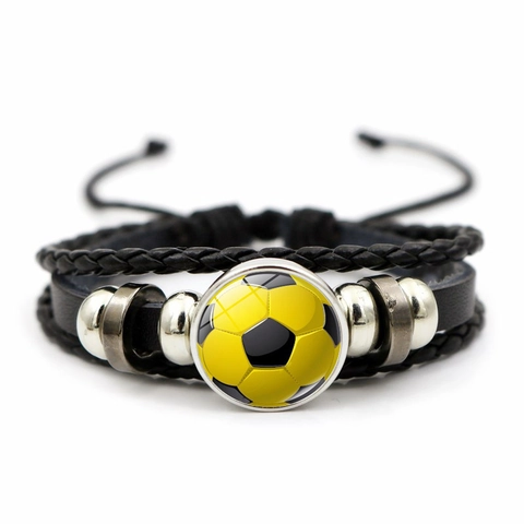 Soccer Bracelet Multi Layer Braided Leather Alloy Glass Cabochon Sports Fan Adjustable Jewelry Unisex