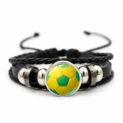Soccer Bracelet Multi Layer Braided Leather Alloy Glass Cabochon Sports Fan Adjustable Jewelry Unisex