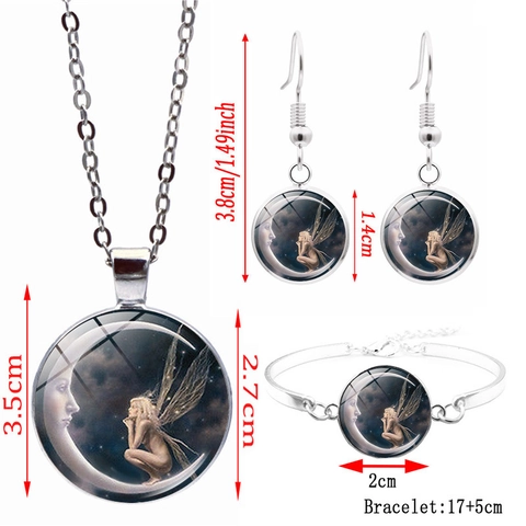 Gioielli Cabochon Vetro Fata Luna Collana Orecchini Gancio Bracciale Angelo Fantasia Celeste Donna Lega Accessori