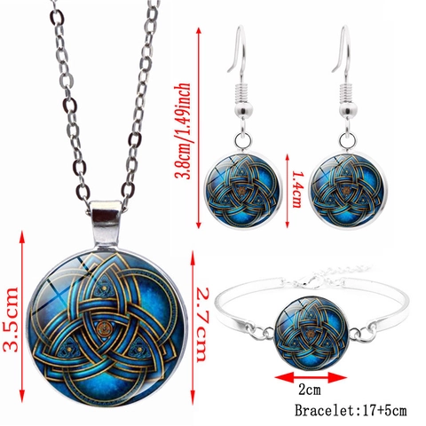 Collana Nodo Celtico Bracciale Orecchini A Gancio Gioielli Lega Vetro Cabochon Vintage Etnico Colore Argento Donne