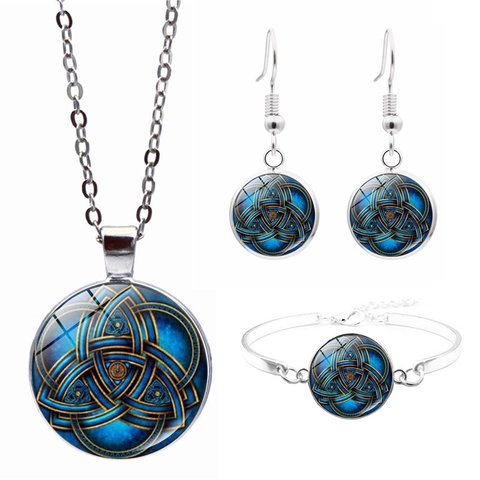 Collana Nodo Celtico Bracciale Orecchini A Gancio Gioielli Lega Vetro Cabochon Vintage Etnico Colore Argento Donne